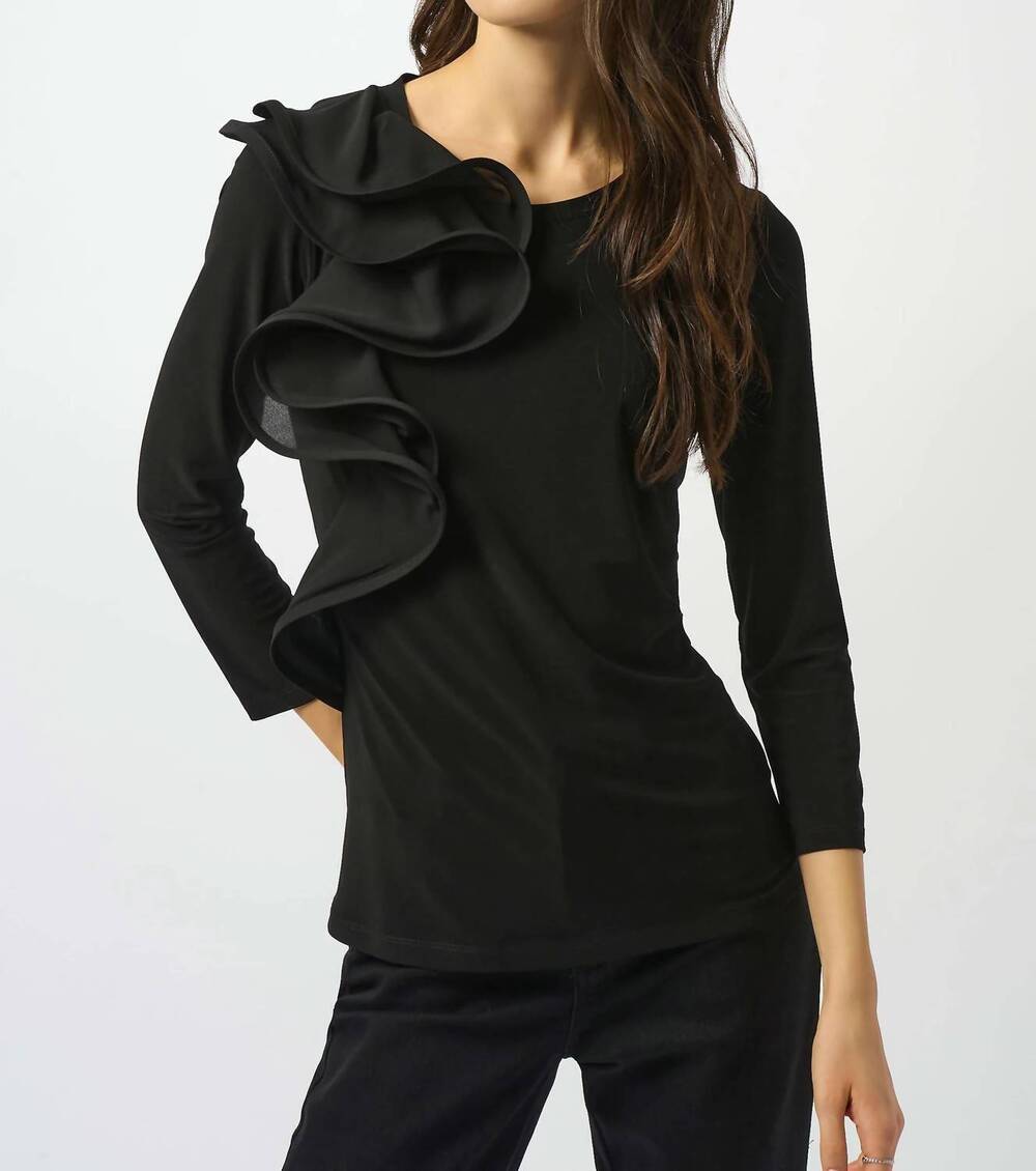 NEW JOSEPH RIBKOFF shayna silky knit fitted ruffled top in black
